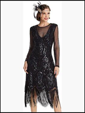 Gatsby Flapper Dress Long Sleeves Sequin Beaded Elegant Cocktail Party Wear
